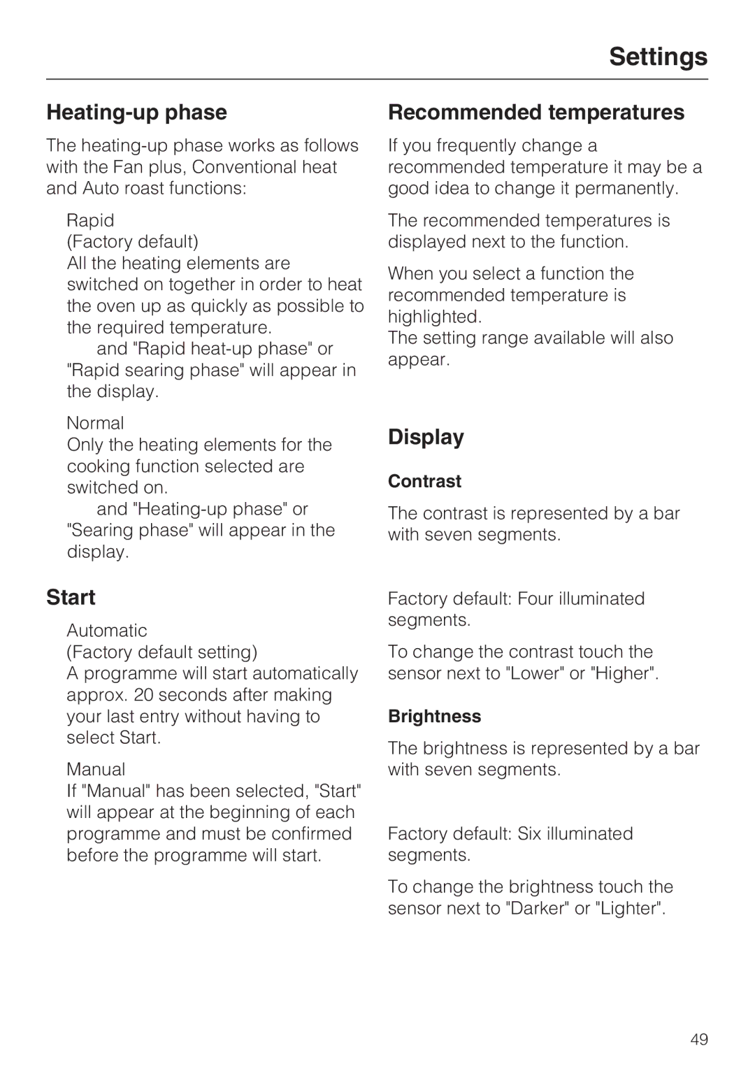 Miele H 5961 B installation instructions Heating-up phase, Start, Recommended temperatures, Contrast, Brightness 