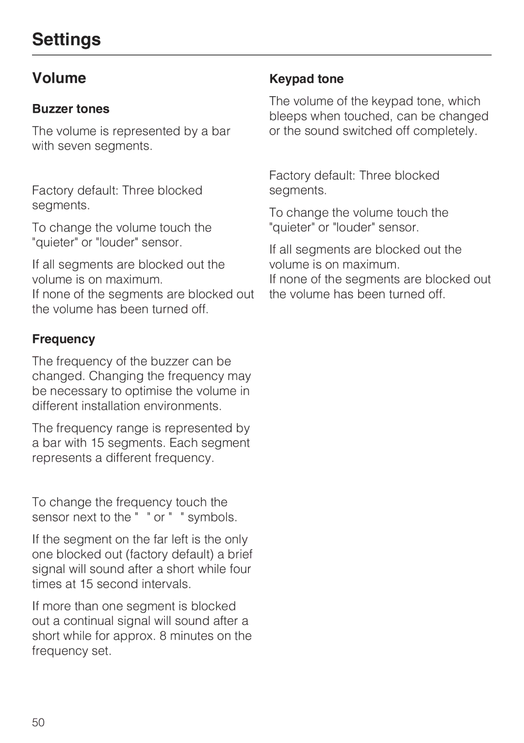 Miele H 5961 B installation instructions Volume, Buzzer tones, Frequency, Keypad tone 