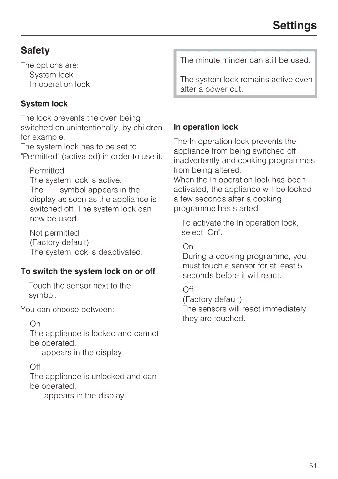 Miele H 5961 B installation instructions Safety, To switch the system lock on or off 