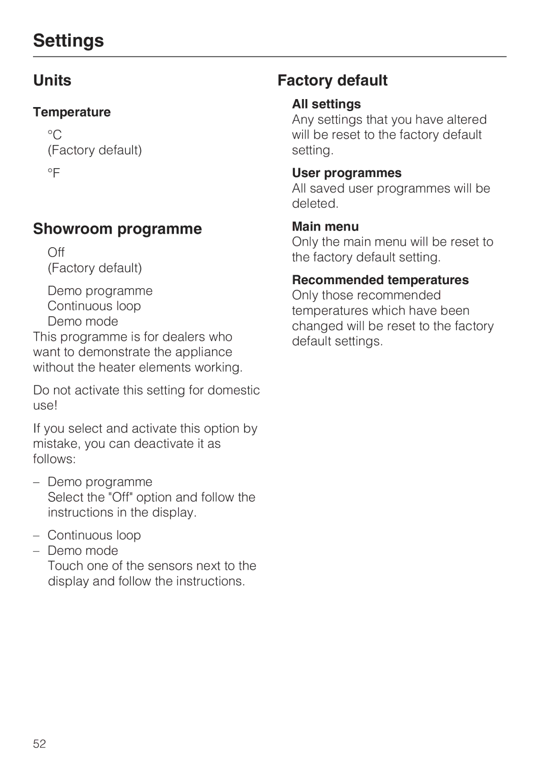 Miele H 5961 B installation instructions Units, Showroom programme, Factory default 