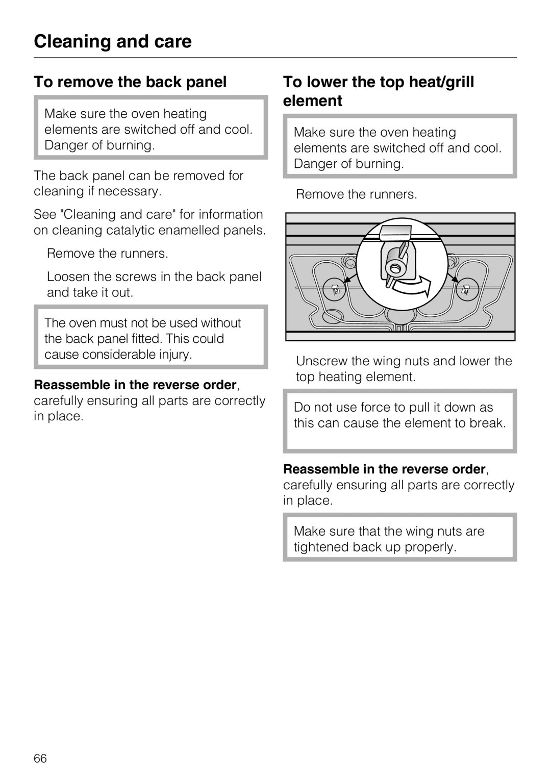 Miele H 5961 B installation instructions To remove the back panel, To lower the top heat/grill element 