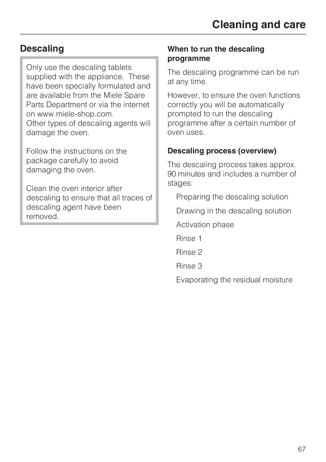 Miele H 5961 B installation instructions When to run the descaling programme, Descaling process overview 