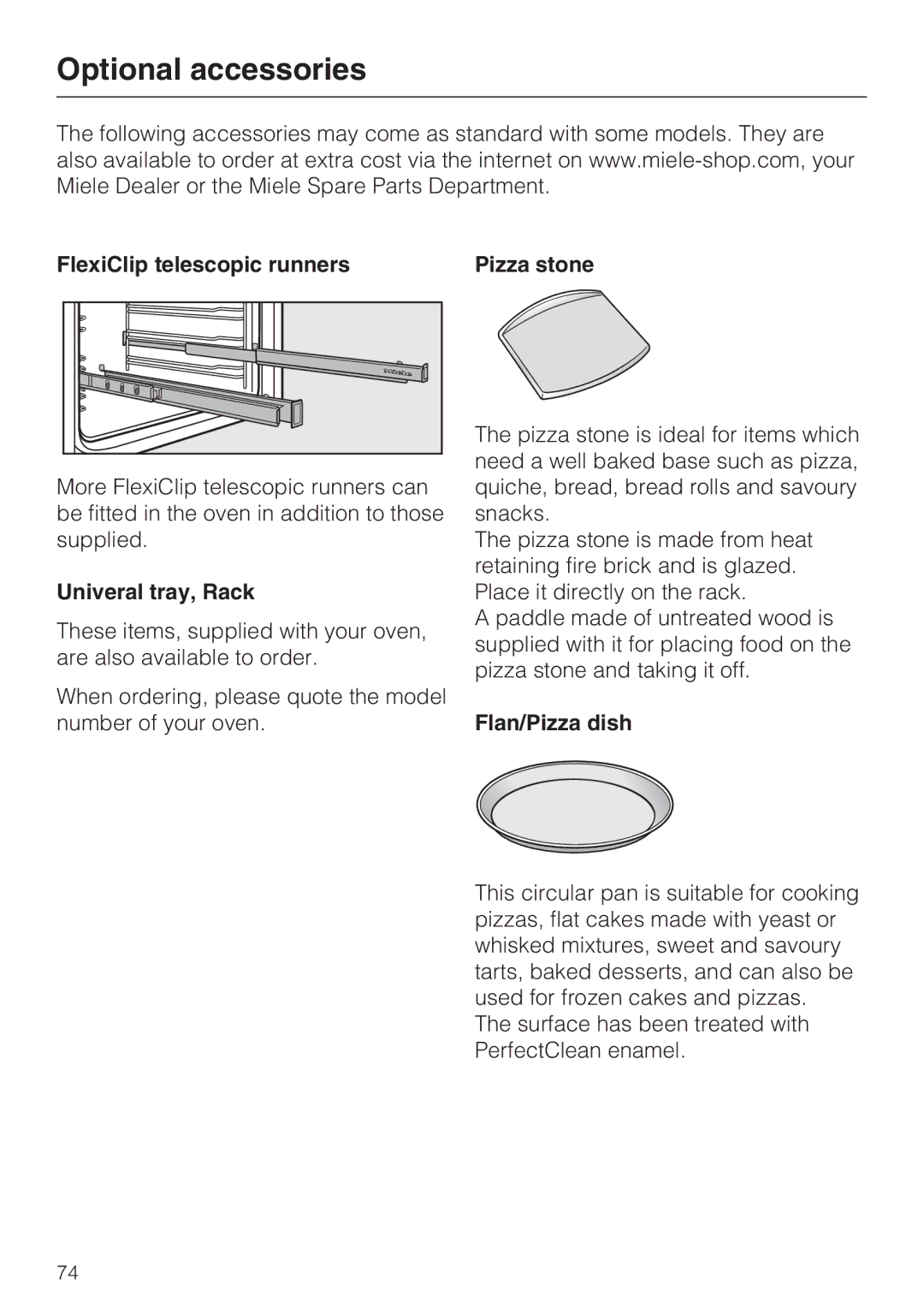 Miele H 5961 B installation instructions Optional accessories, Univeral tray, Rack, Flan/Pizza dish 