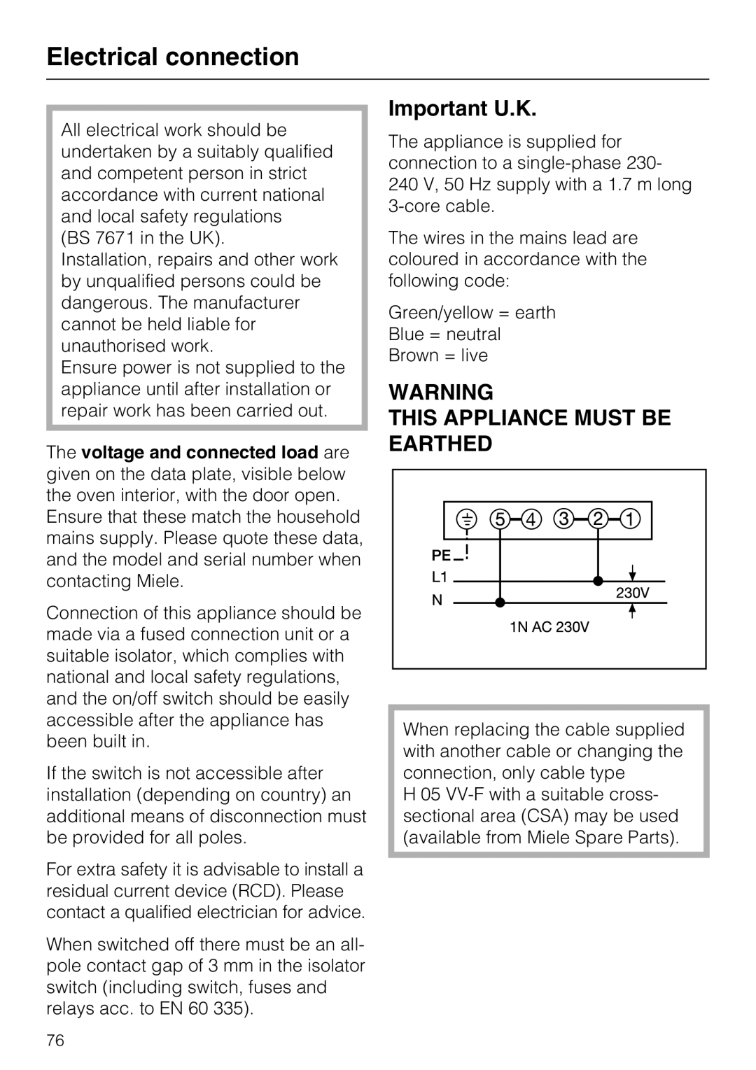 Miele H 5961 B installation instructions Electrical connection, Important U.K 