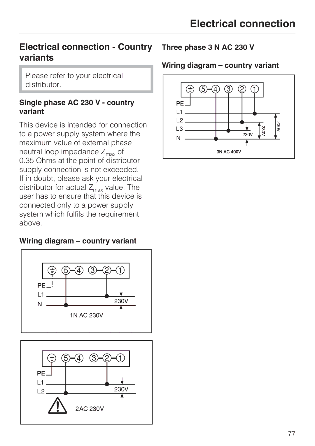 Miele H 5961 B installation instructions Electrical connection Country variants, Single phase AC 230 V country variant 