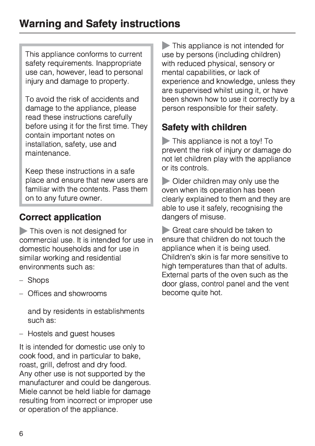 Miele H 5961 B installation instructions Warning and Safety instructions, Correct application, Safety with children 