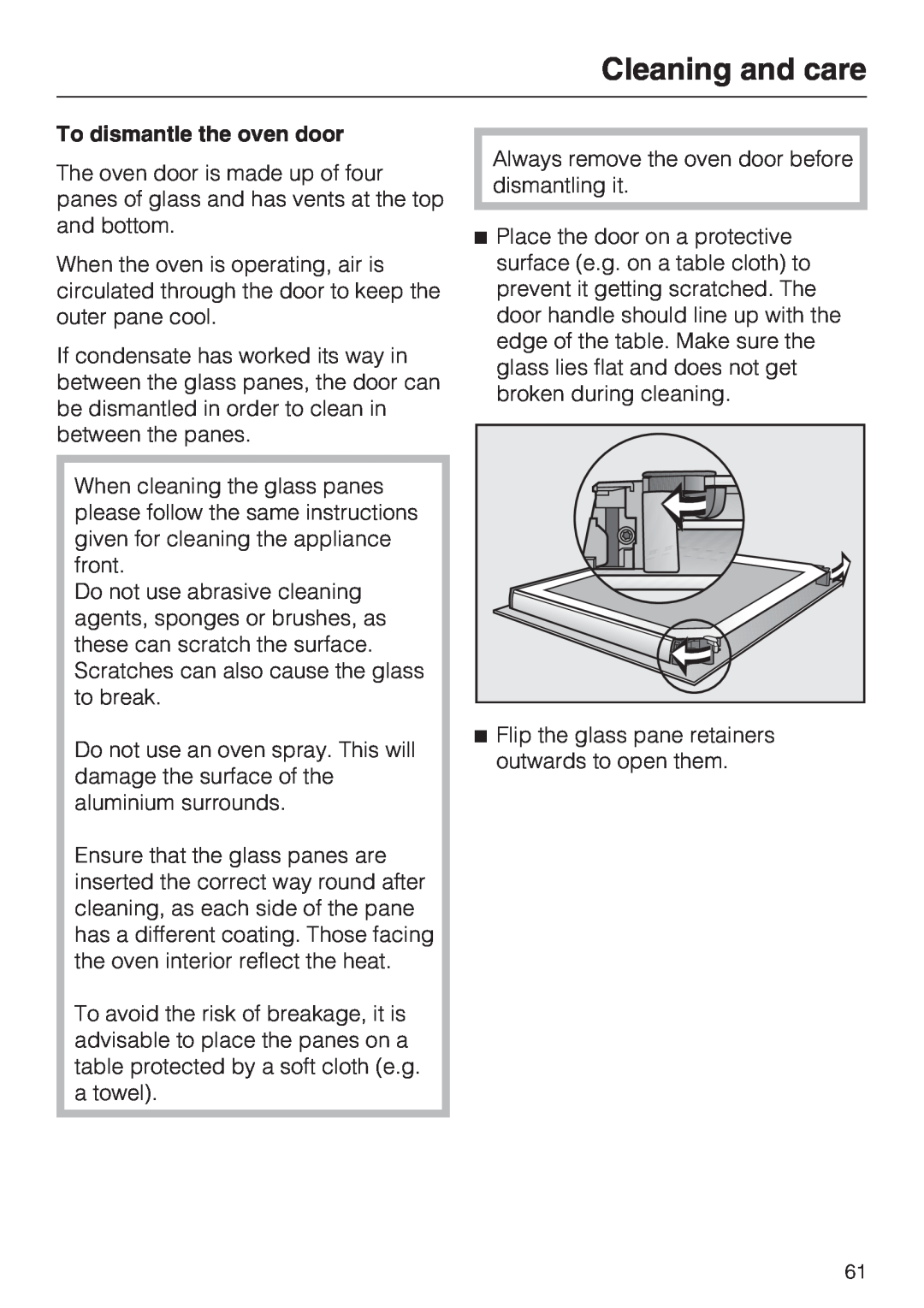 Miele H 5961 B installation instructions To dismantle the oven door, Cleaning and care 