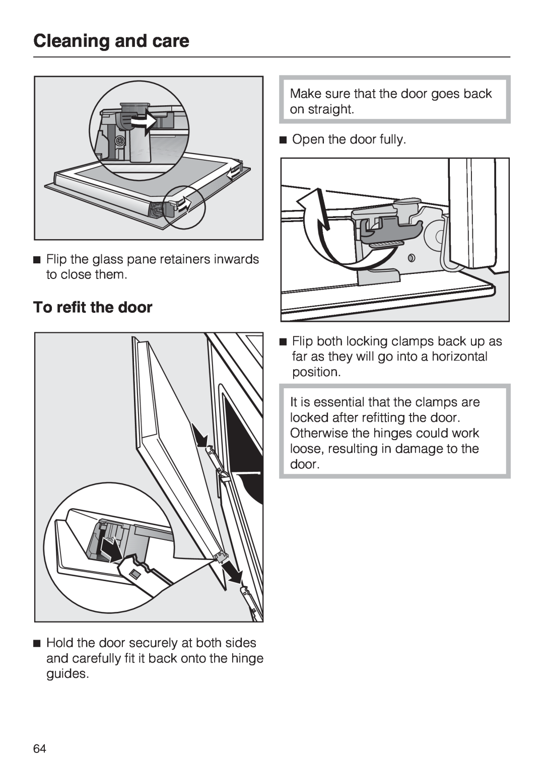 Miele H 5961 B installation instructions To refit the door, Cleaning and care 