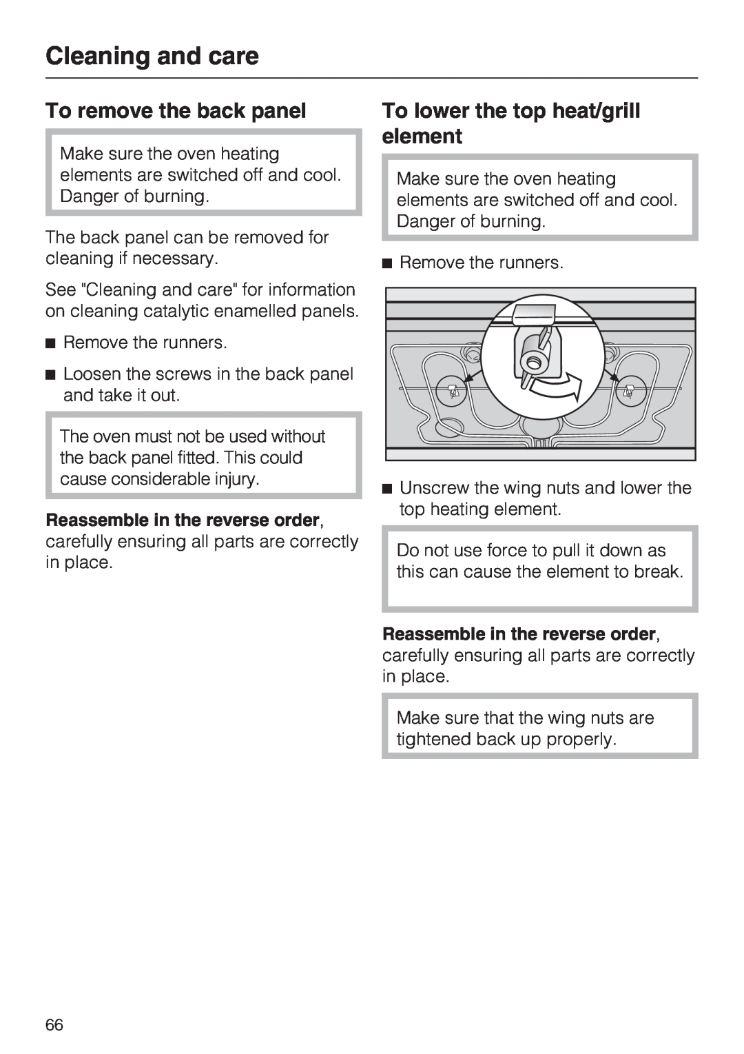 Miele H 5961 B installation instructions To remove the back panel, To lower the top heat/grill element, Cleaning and care 