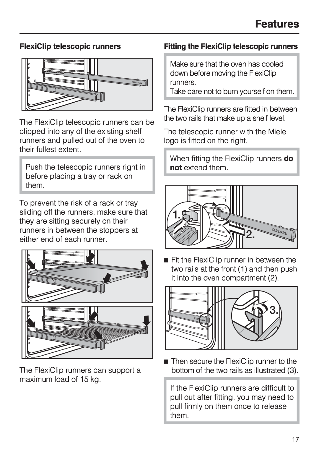 Miele H 5961 B installation instructions FlexiClip telescopic runners, Features 
