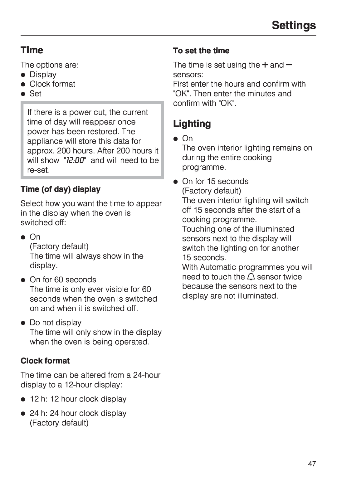 Miele H 5961 B installation instructions Lighting, To set the time, Settings, Time of day display, Clock format 