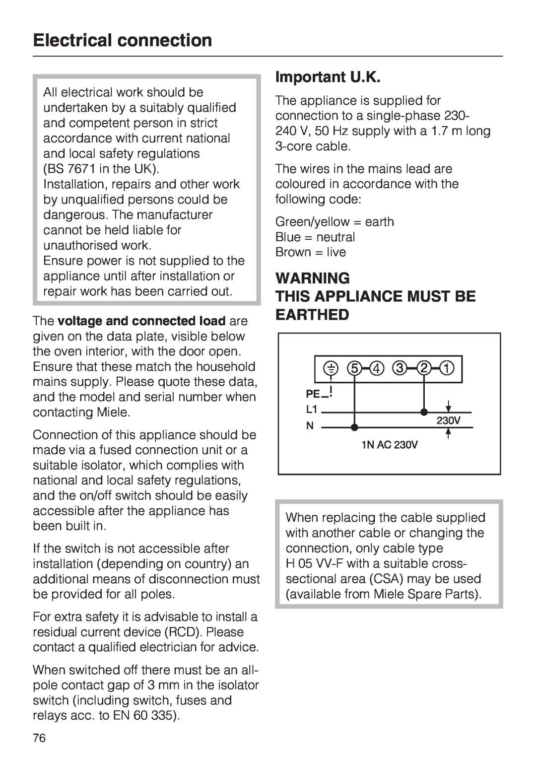 Miele H 5961 B installation instructions Electrical connection, Important U.K, This Appliance Must Be Earthed 