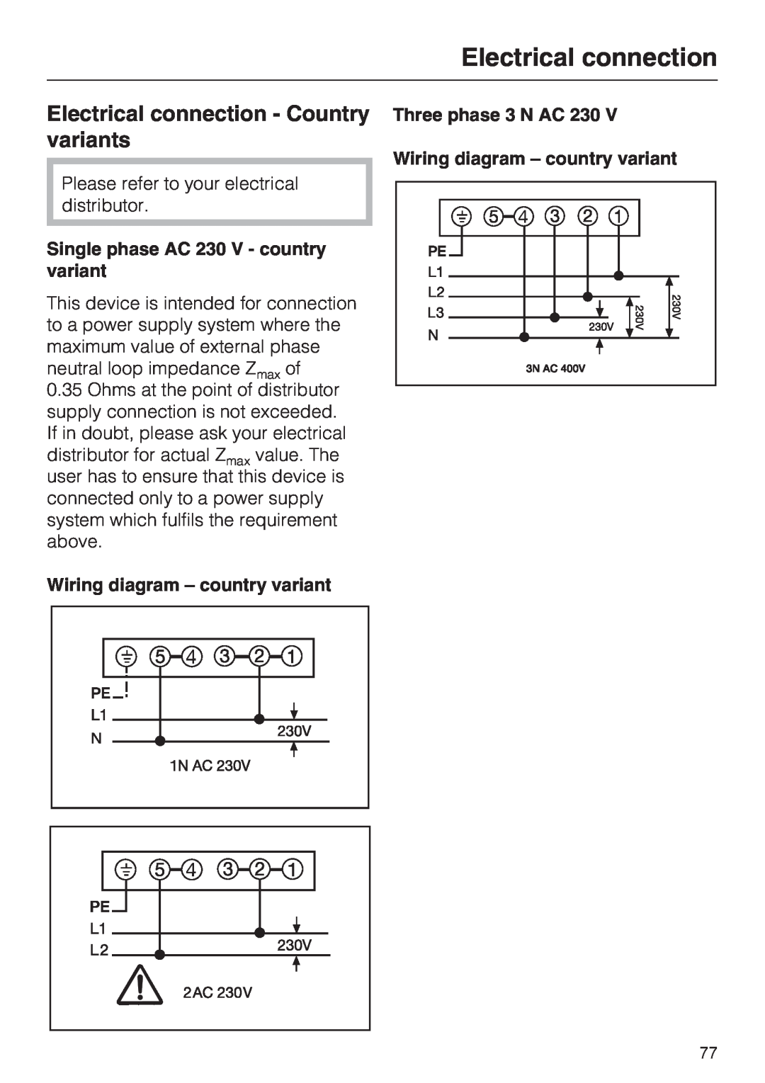 Miele H 5961 B Electrical connection - Country variants, Single phase AC 230 V - country variant, Three phase 3 N AC 