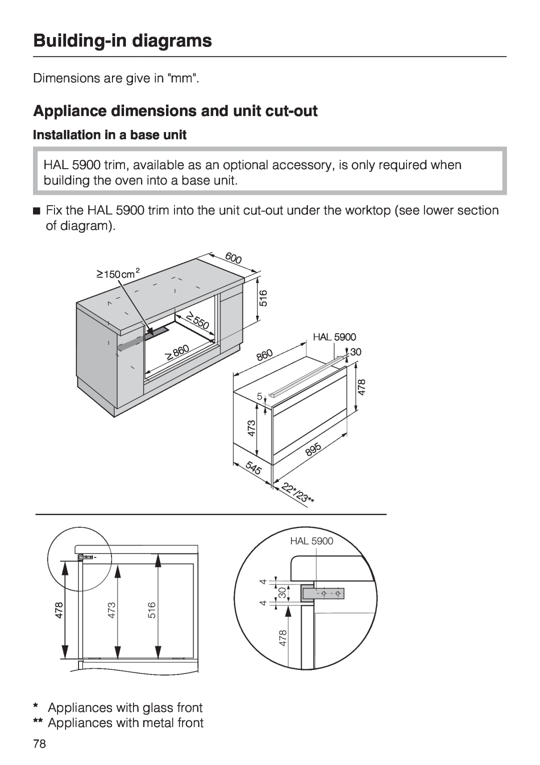 Miele H 5961 B Building-indiagrams, Appliance dimensions and unit cut-out, Installation in a base unit 