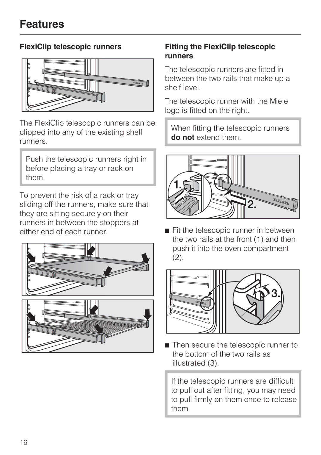 Miele H 5981 BP installation instructions FlexiClip telescopic runners, Runners 