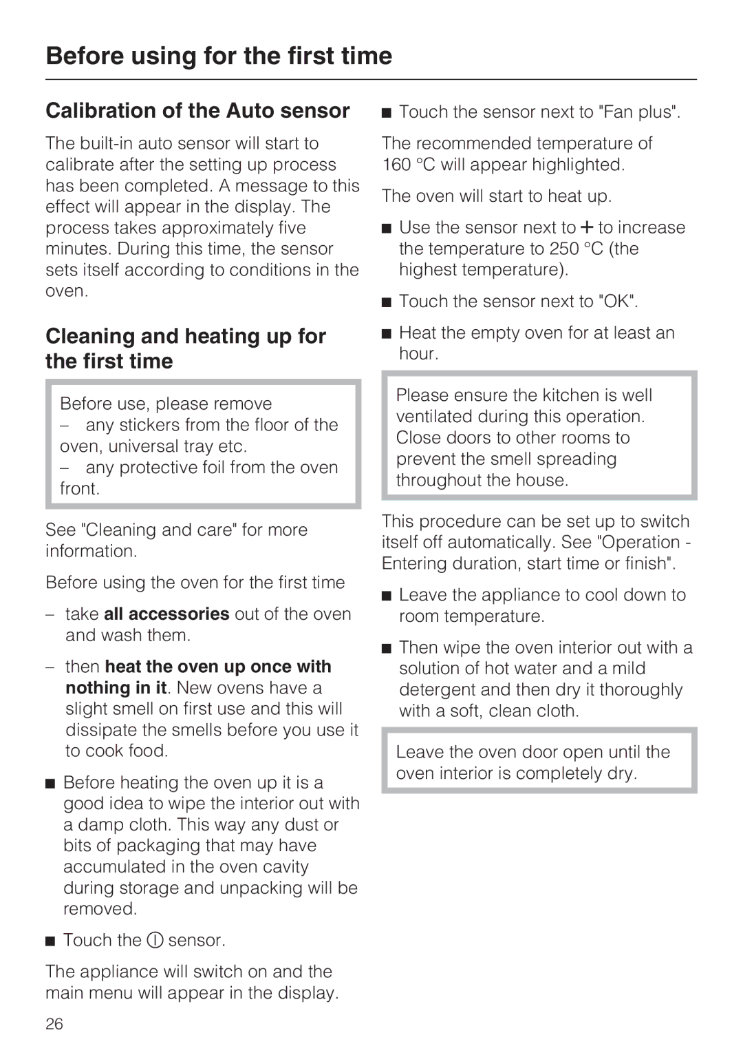 Miele H 5981 BP installation instructions Calibration of the Auto sensor, Cleaning and heating up for the first time 