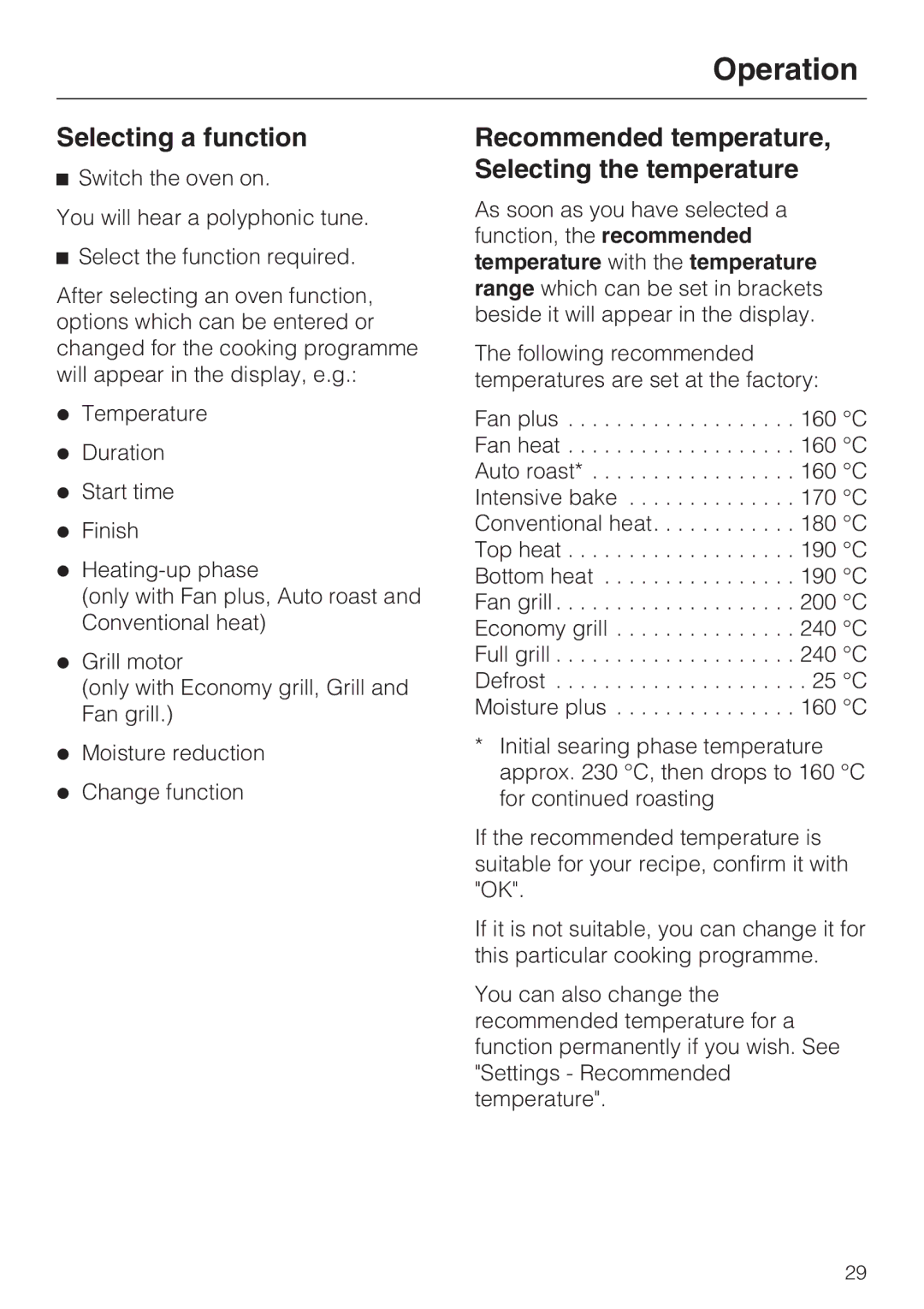 Miele H 5981 BP installation instructions Selecting a function, Recommended temperature, Selecting the temperature 