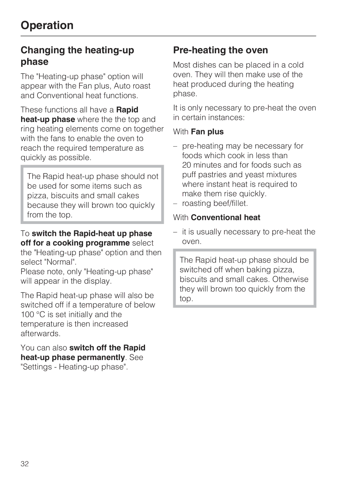 Miele H 5981 BP Changing the heating-up phase, Pre-heating the oven, With Fan plus, With Conventional heat 
