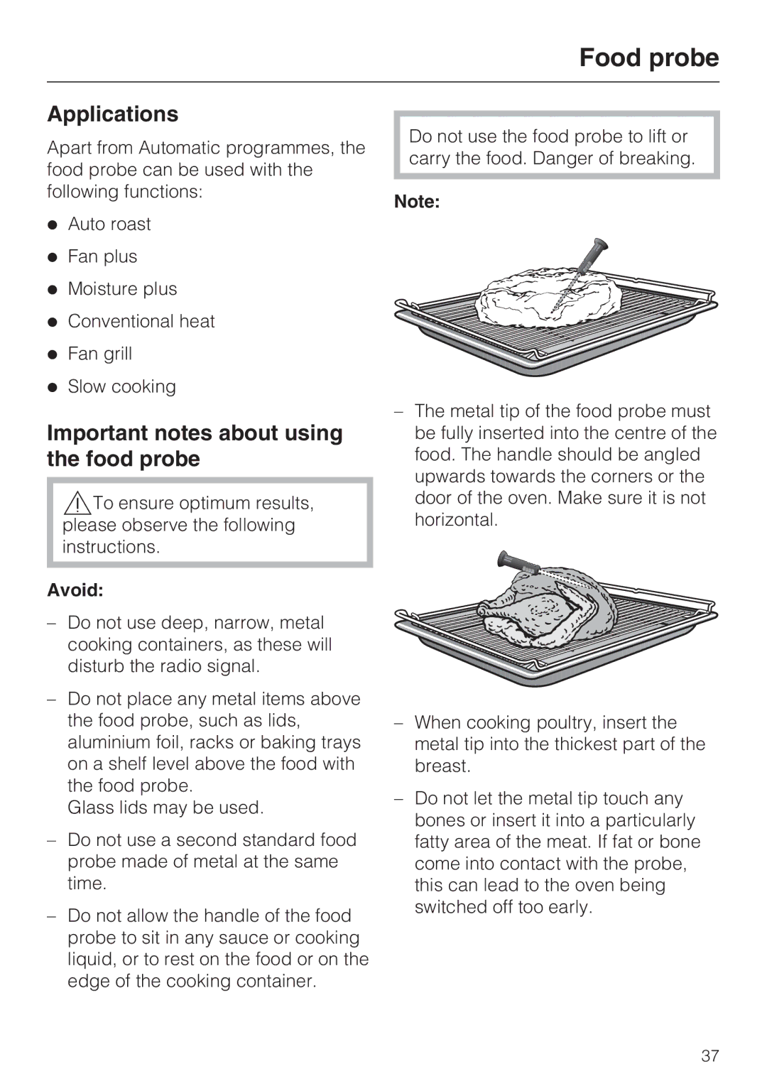 Miele H 5981 BP installation instructions Applications, Important notes about using the food probe, Avoid 