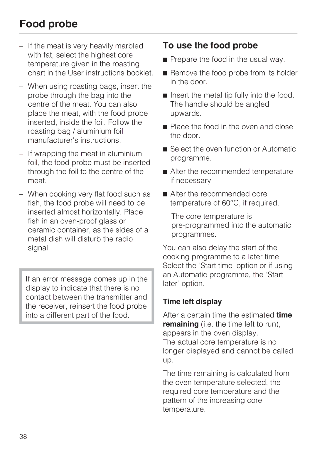 Miele H 5981 BP installation instructions To use the food probe, Time left display 