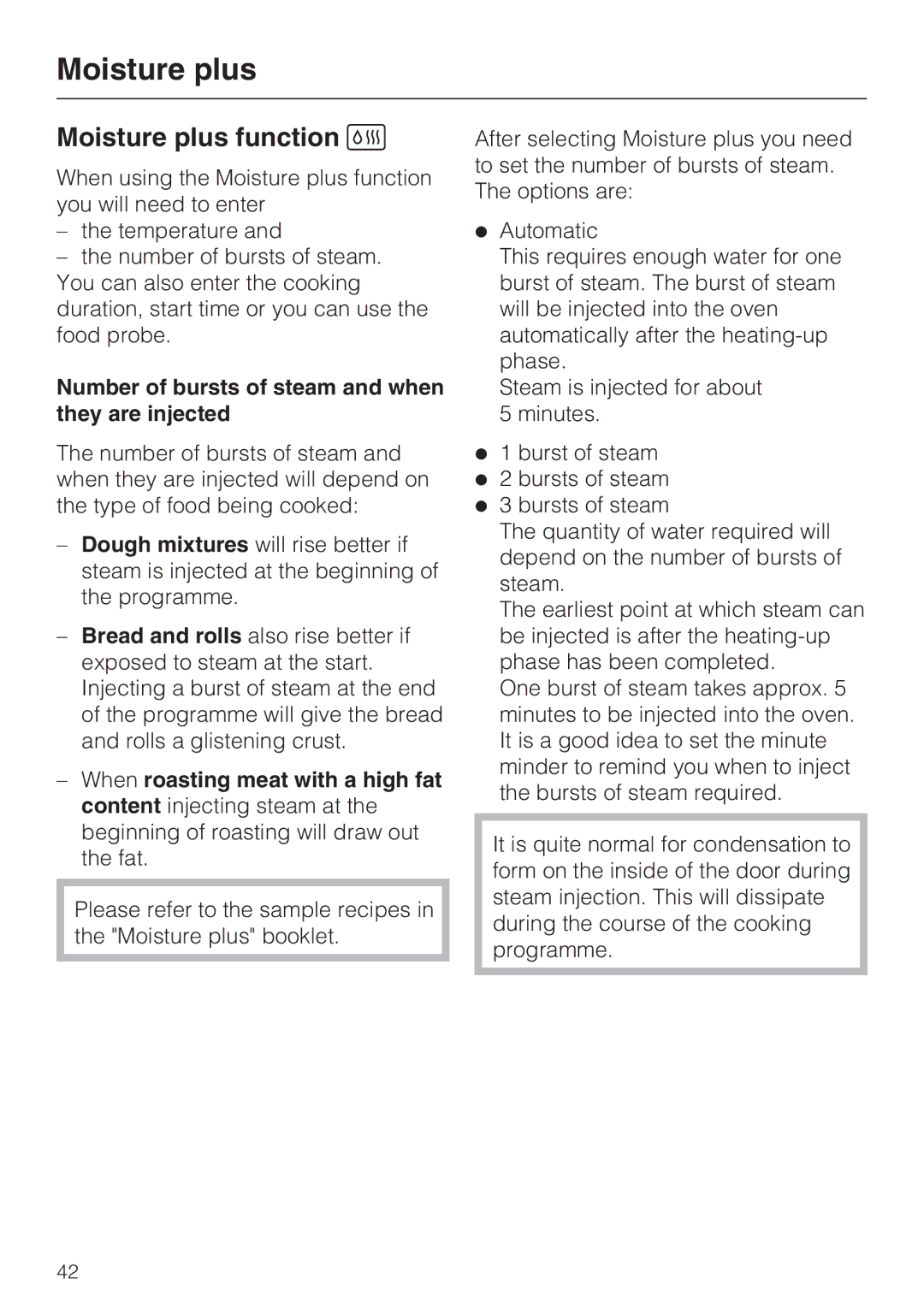 Miele H 5981 BP installation instructions Moisture plus function d, Number of bursts of steam and when they are injected 