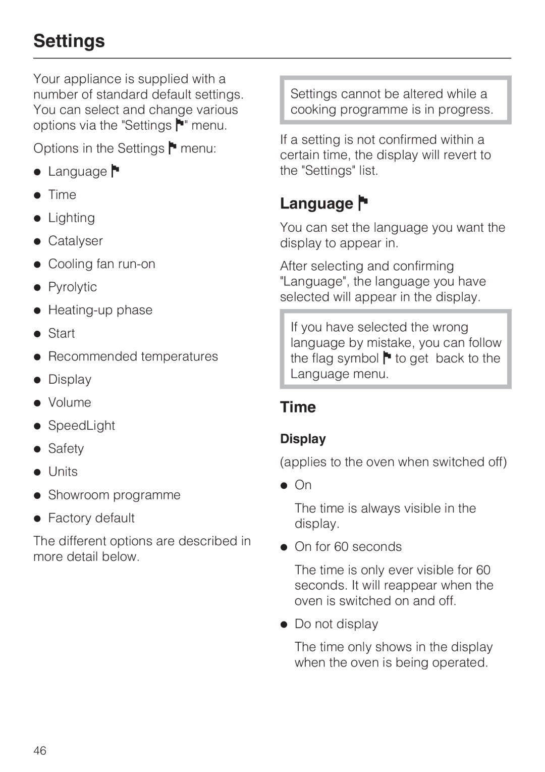 Miele H 5981 BP installation instructions Settings, Language J, Time, Display 