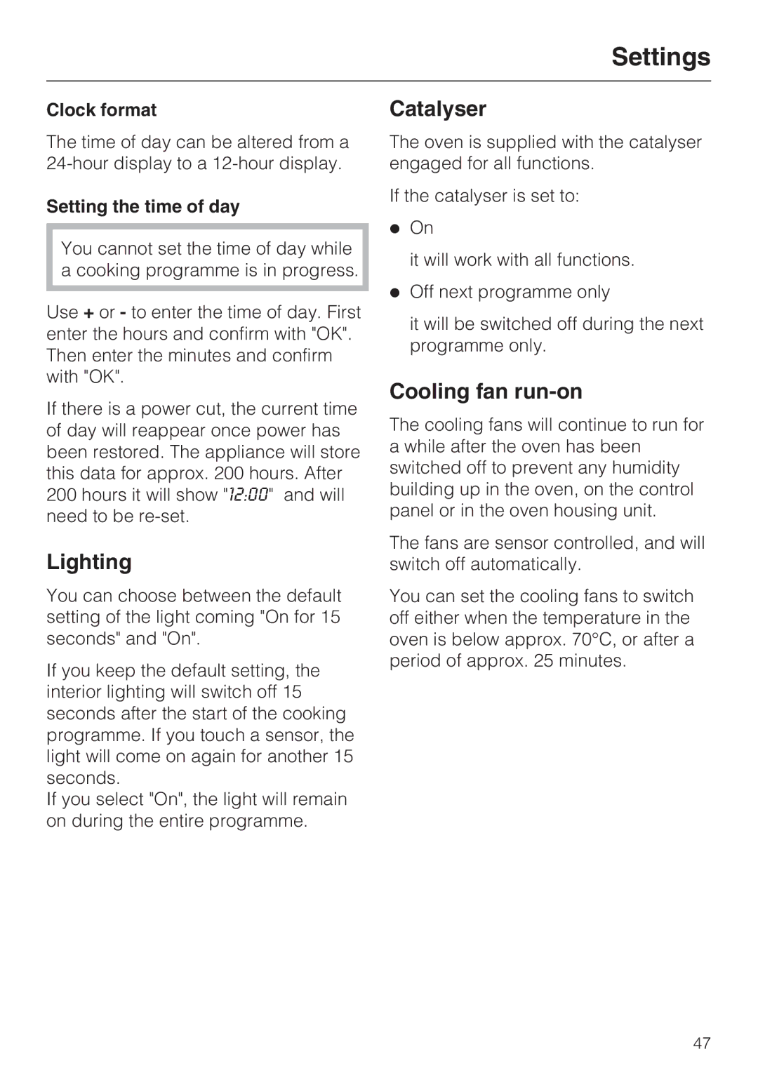 Miele H 5981 BP installation instructions Lighting, Catalyser, Cooling fan run-on 