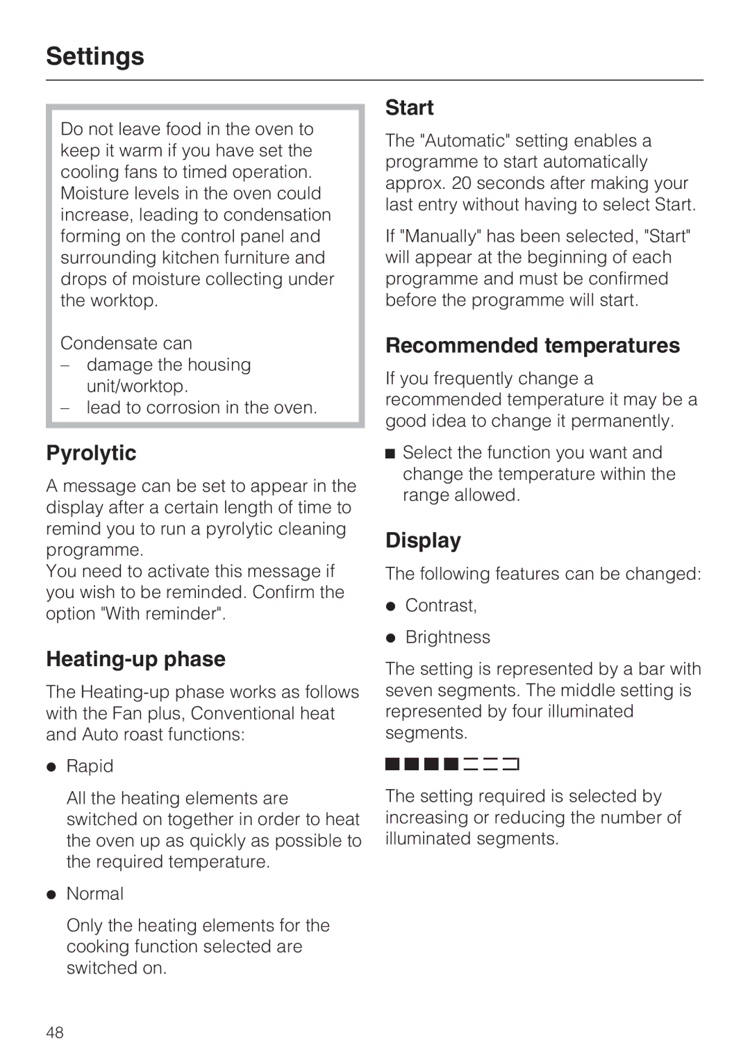 Miele H 5981 BP installation instructions Pyrolytic, Heating-up phase, Start, Recommended temperatures 