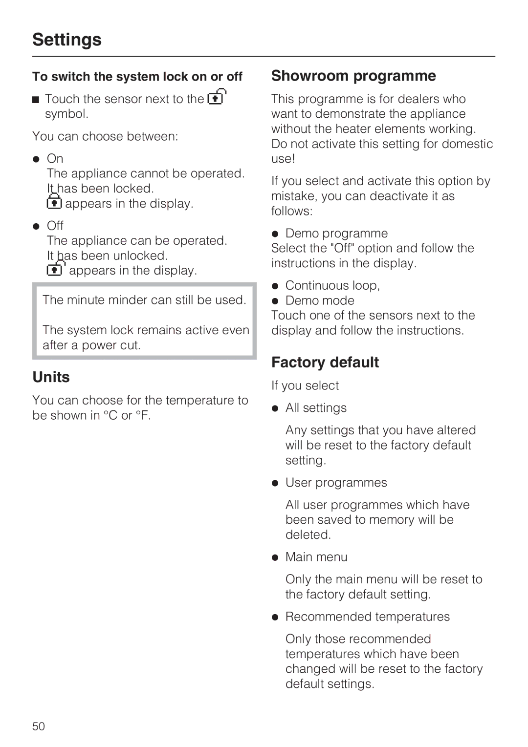 Miele H 5981 BP installation instructions Units, Showroom programme, Factory default, To switch the system lock on or off 