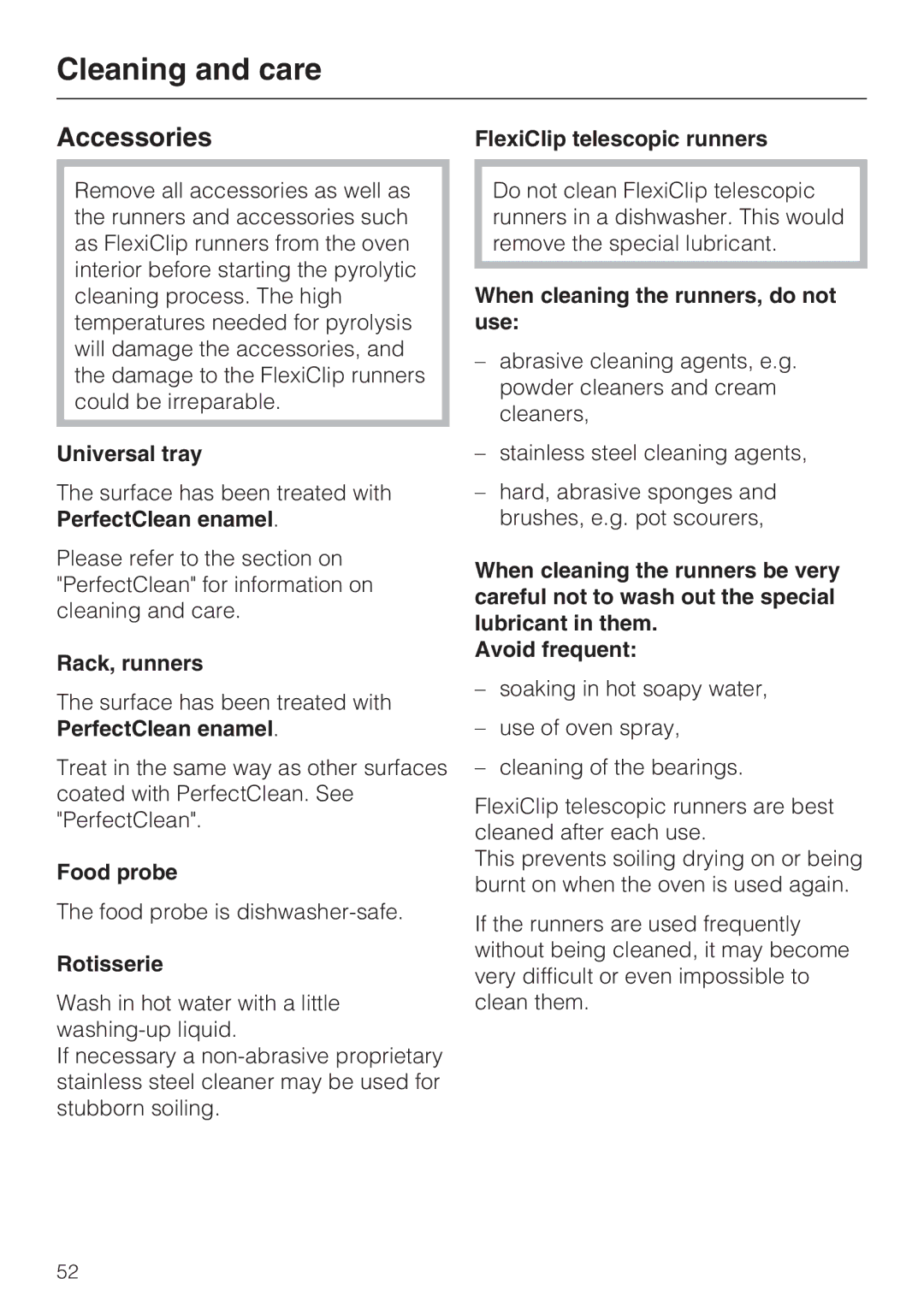 Miele H 5981 BP installation instructions Universal tray, Rack, runners, When cleaning the runners, do not use 