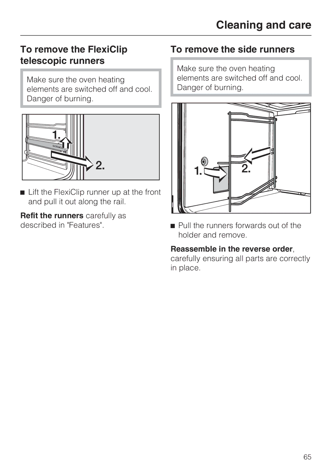 Miele H 5981 BP installation instructions To remove the FlexiClip telescopic runners, To remove the side runners 