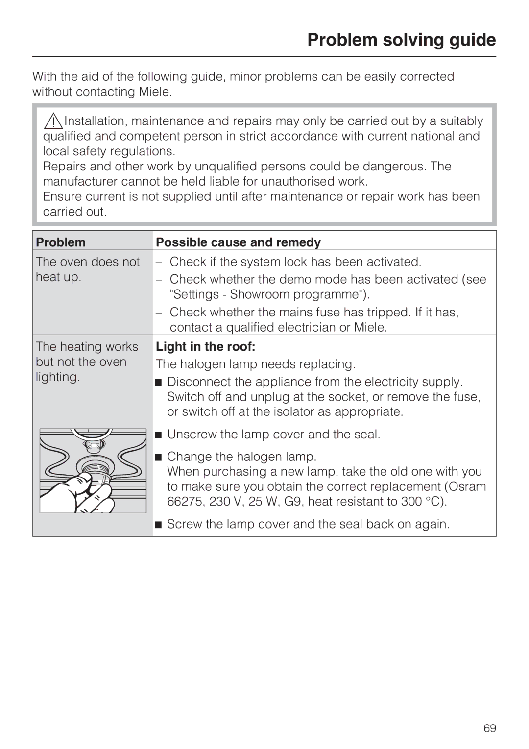 Miele H 5981 BP installation instructions Problem solving guide, Problem Possible cause and remedy, Light in the roof 