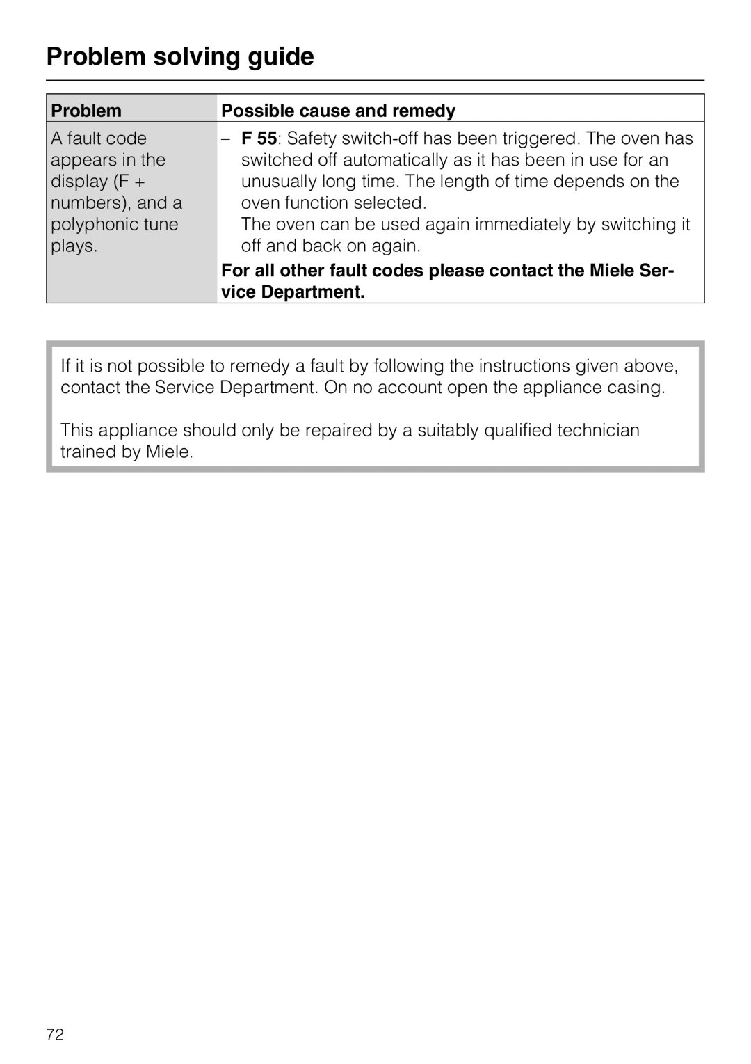 Miele H 5981 BP installation instructions For all other fault codes please contact the Miele Ser, Vice Department 