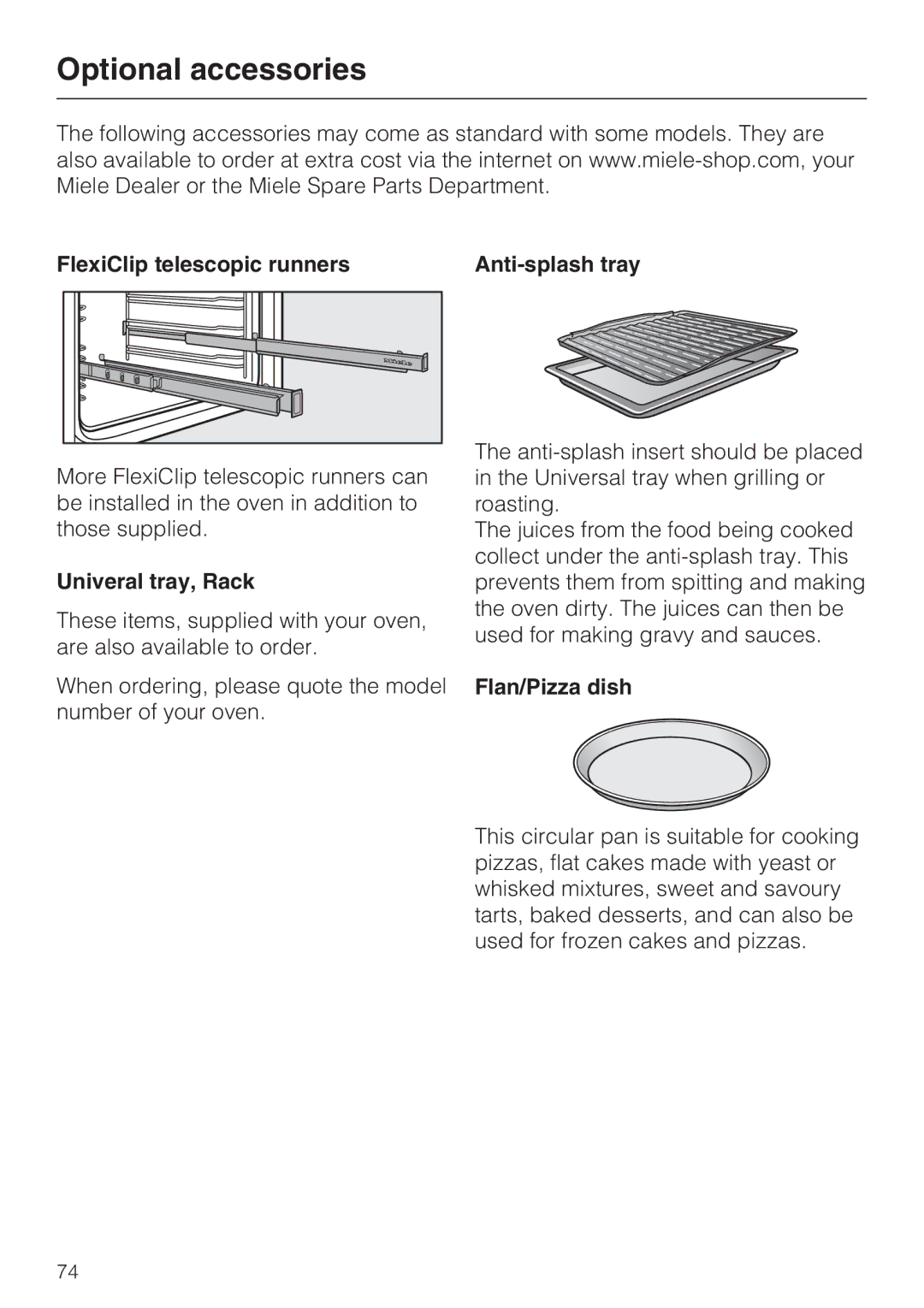 Miele H 5981 BP Optional accessories, FlexiClip telescopic runners Anti-splash tray, Univeral tray, Rack, Flan/Pizza dish 