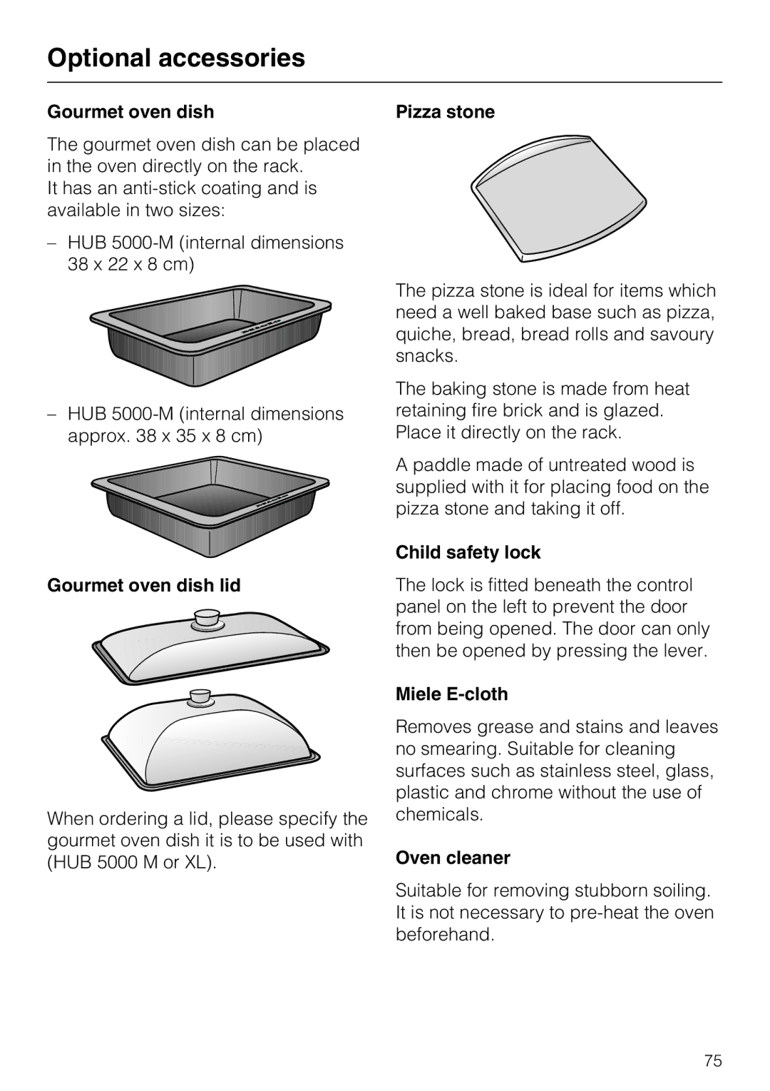 Miele H 5981 BP installation instructions Gourmet oven dish lid, Child safety lock, Miele E-cloth, Oven cleaner 