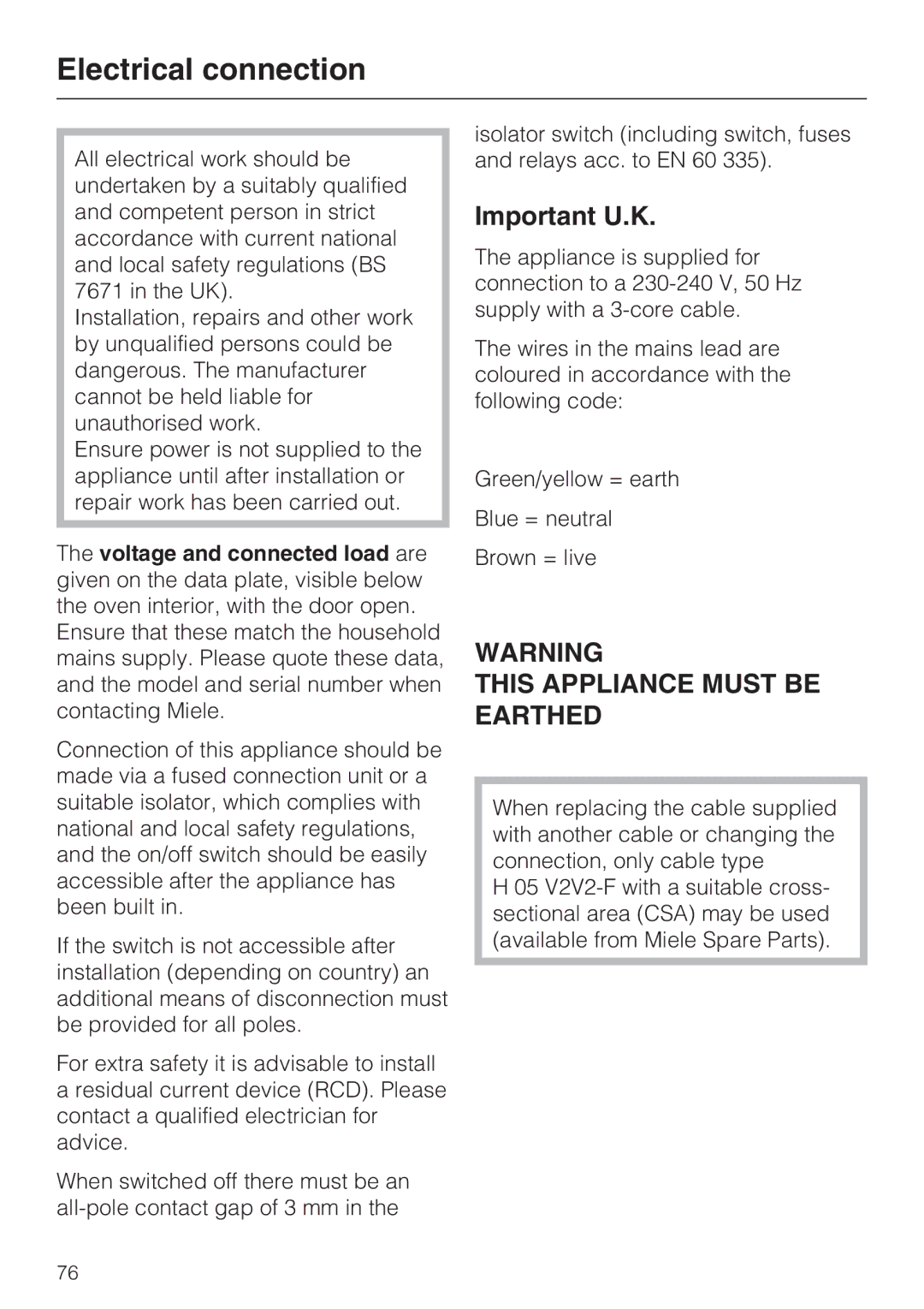 Miele H 5981 BP installation instructions Electrical connection, Important U.K 