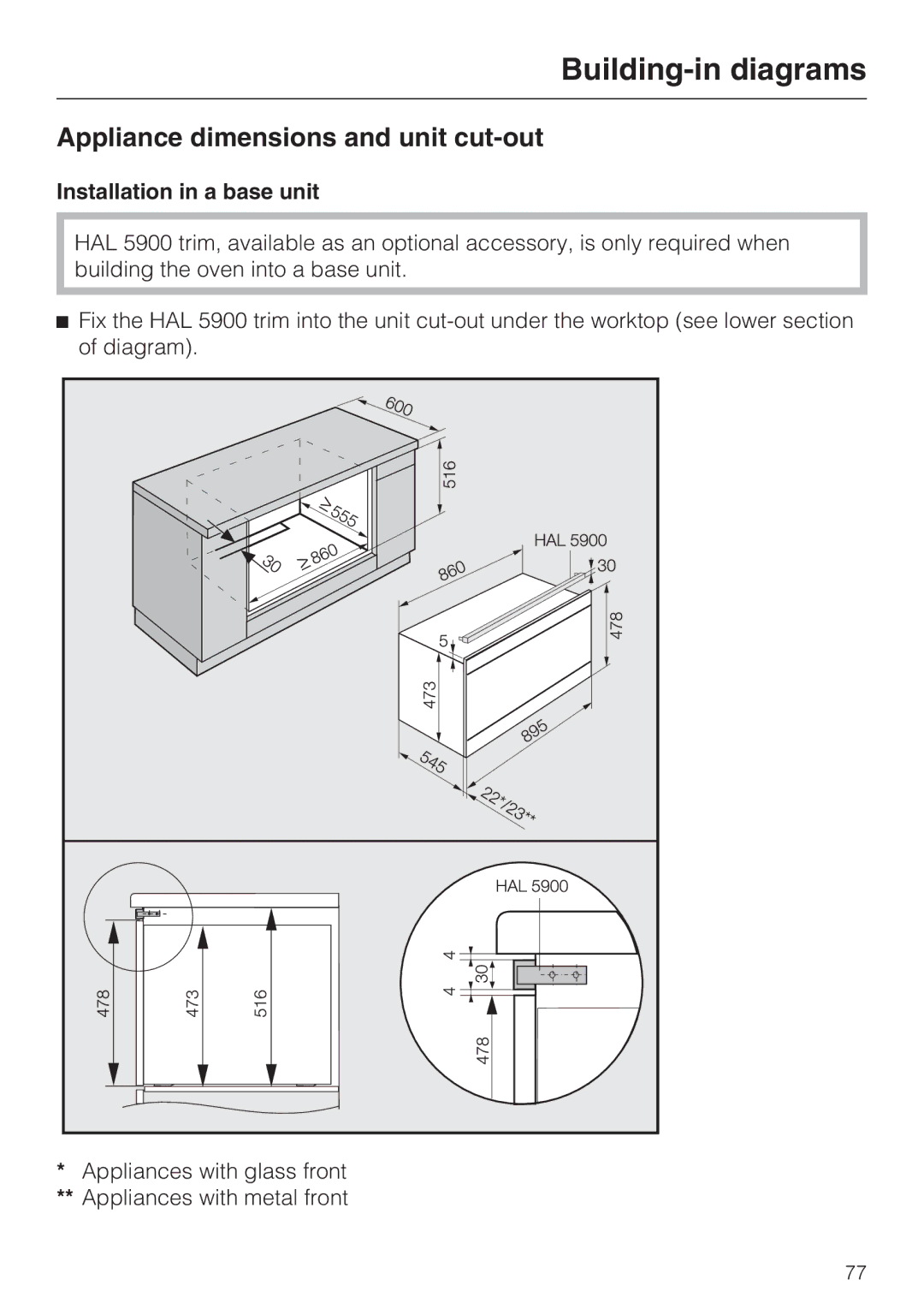 Miele H 5981 BP Building-in diagrams, Appliance dimensions and unit cut-out, Installation in a base unit 