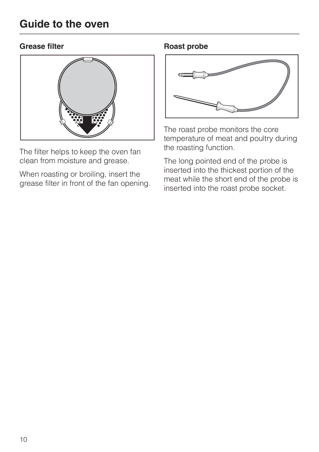 Miele H350-2B operating instructions Grease filter Roast probe 