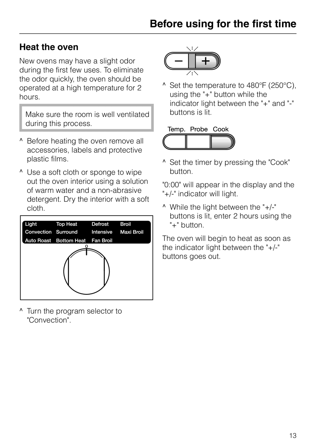 Miele H350-2B operating instructions Before using for the first time, Heat the oven 