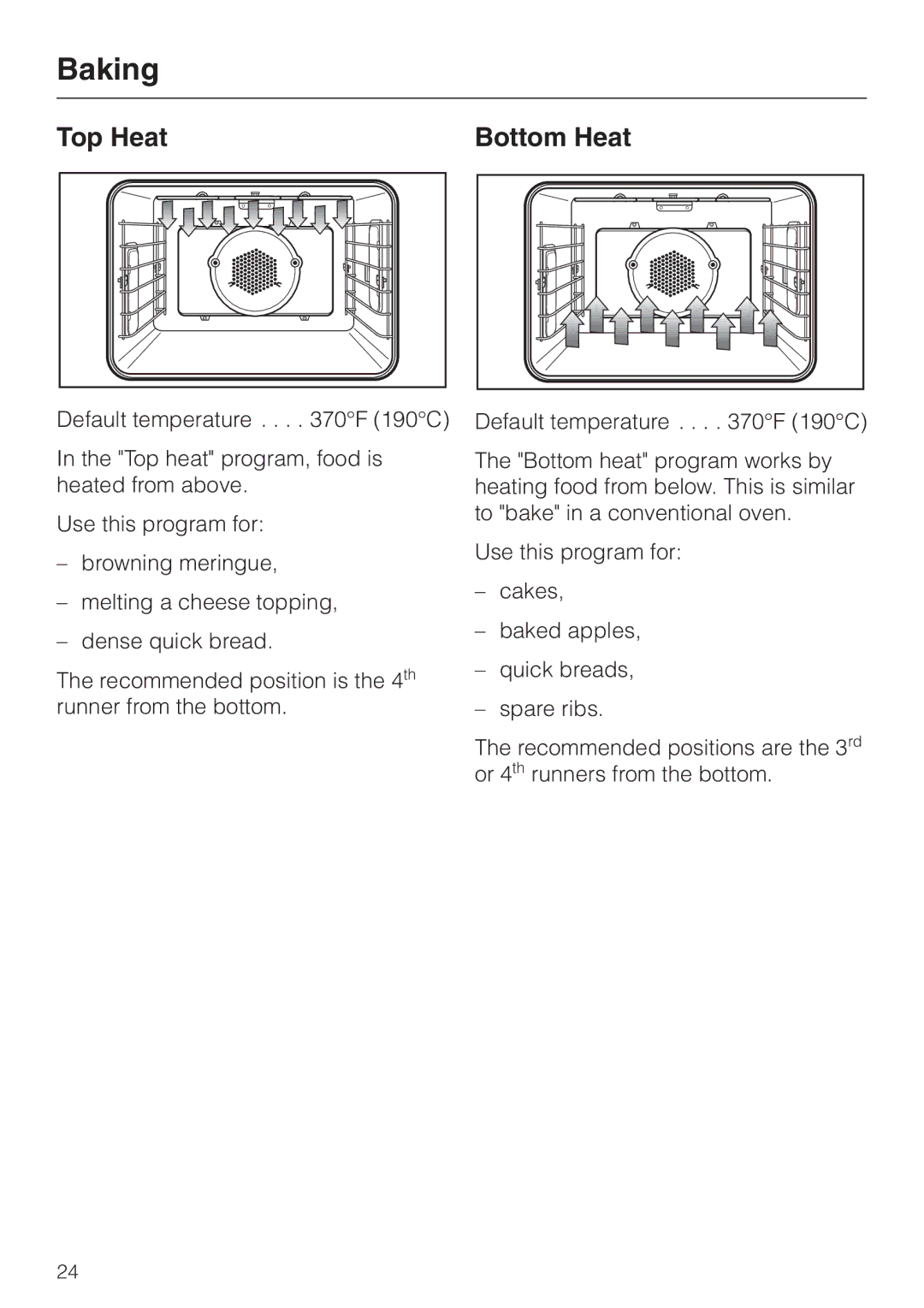 Miele H350-2B operating instructions Top Heat Bottom Heat 