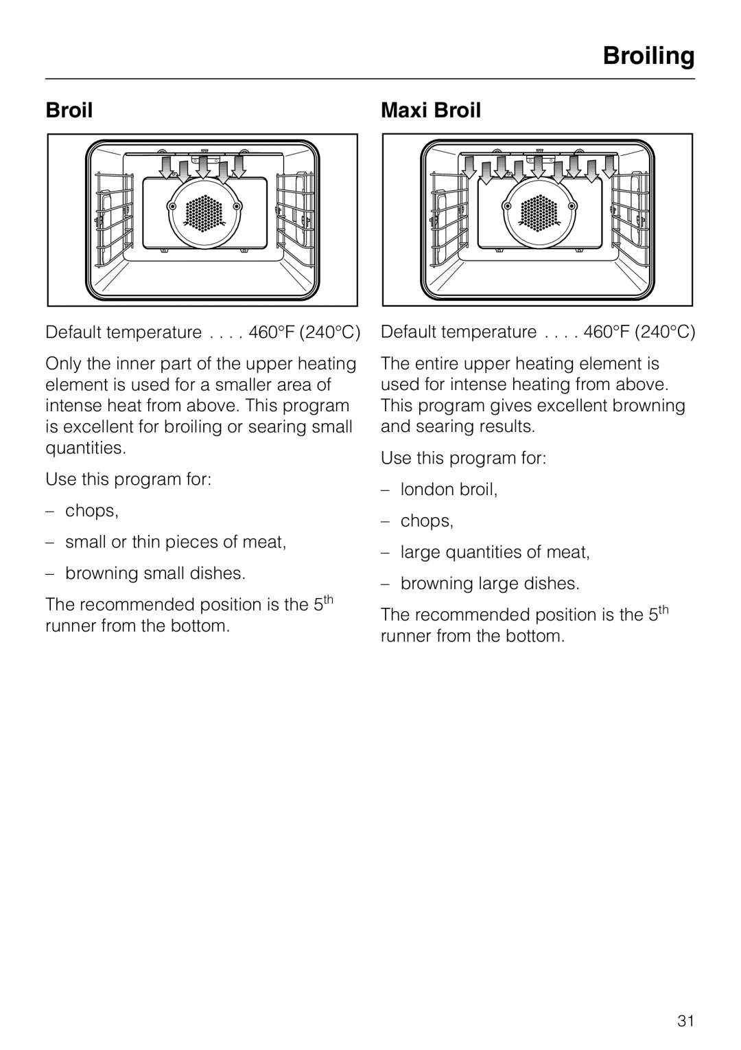 Miele H350-2B operating instructions Broiling, Broil Maxi Broil 