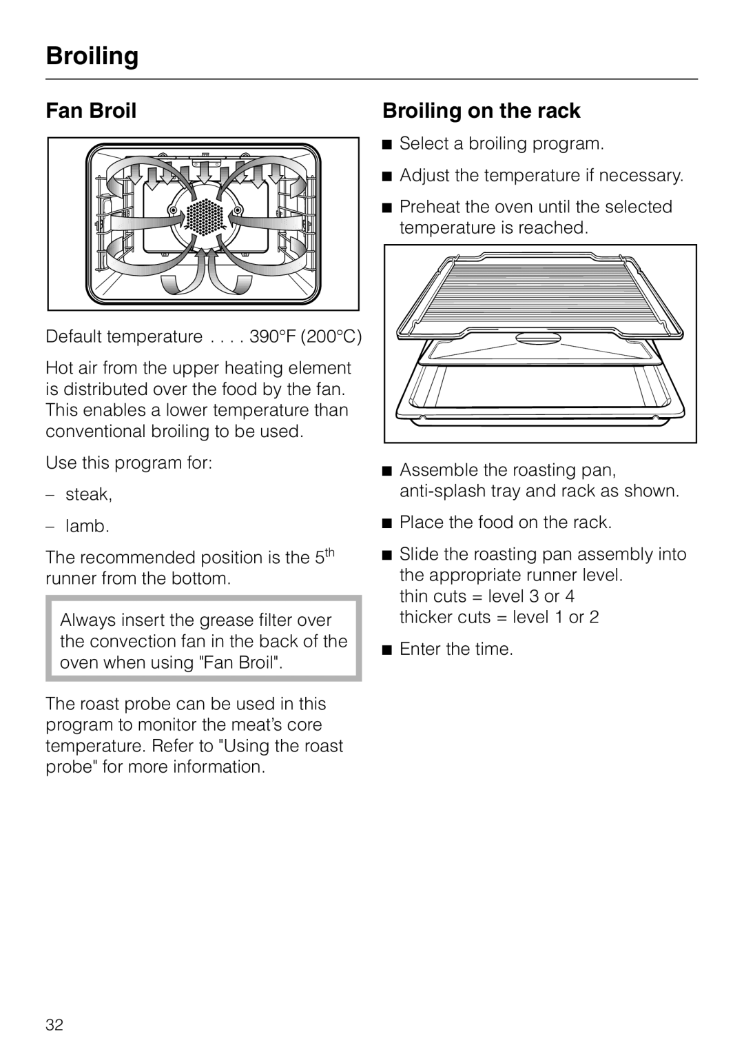 Miele H350-2B operating instructions Fan Broil, Broiling on the rack 