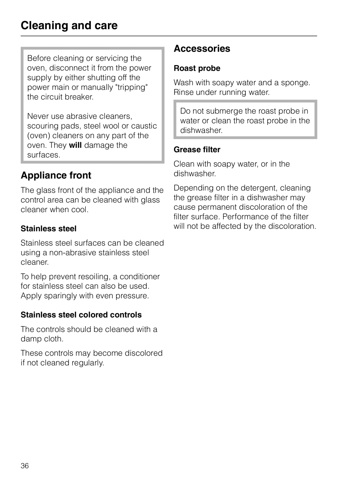 Miele H350-2B Cleaning and care, Appliance front, Stainless steel colored controls, Grease filter 