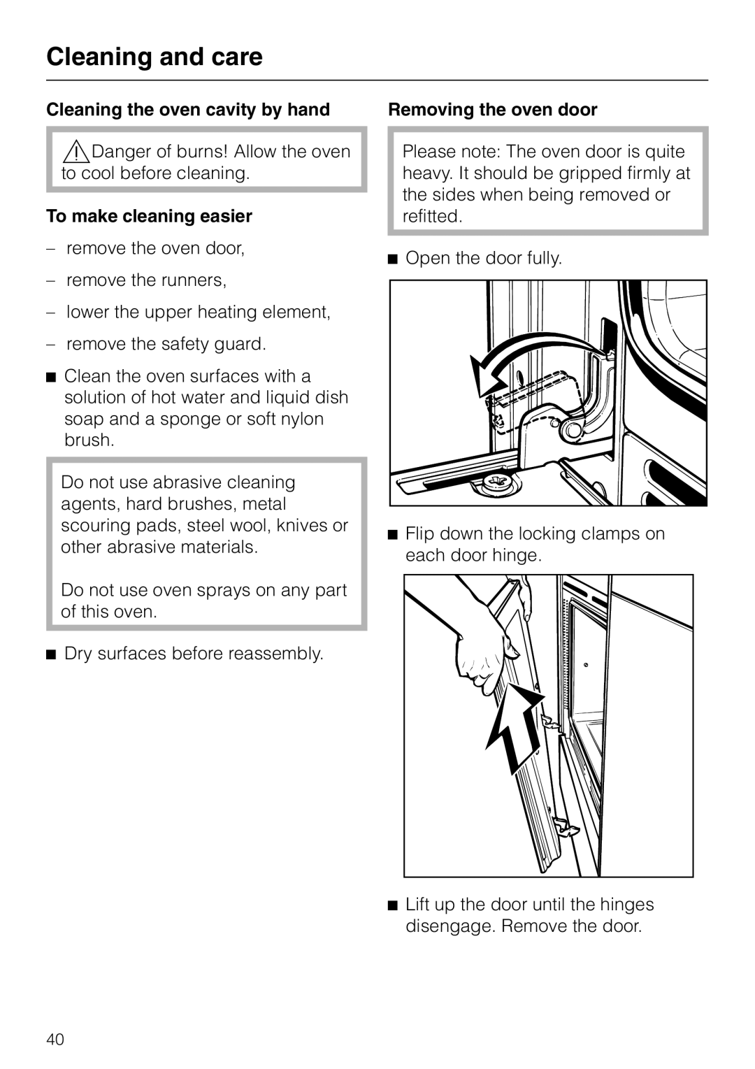 Miele H350-2B Cleaning the oven cavity by hand To make cleaning easier, Removing the oven door, Open the door fully 