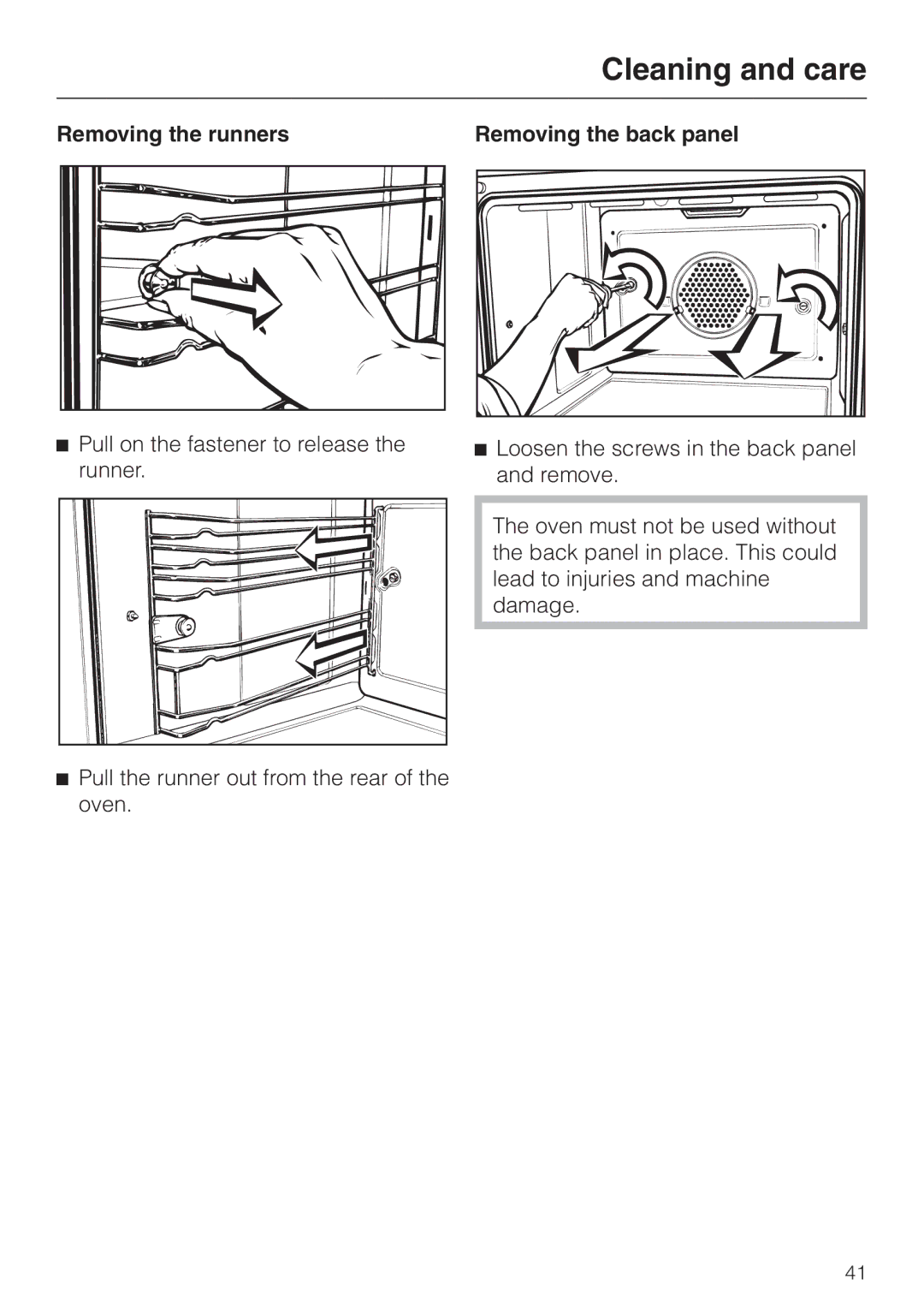 Miele H350-2B operating instructions Removing the runners, Removing the back panel 