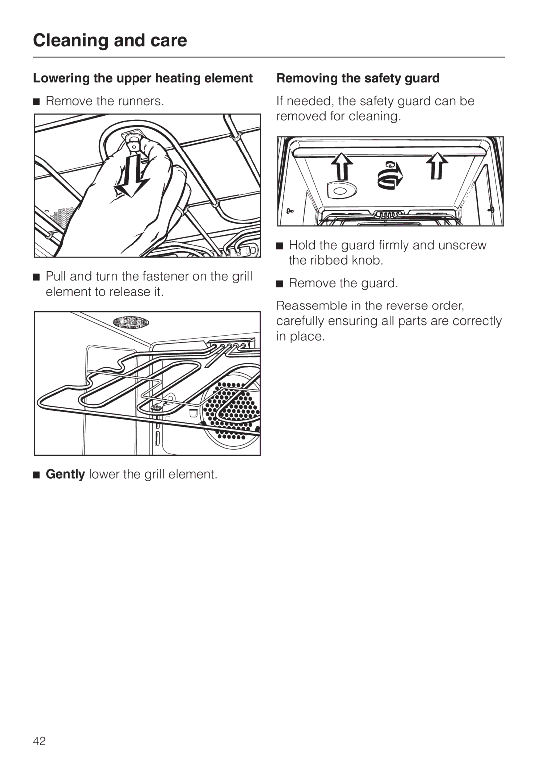 Miele H350-2B operating instructions Lowering the upper heating element Remove the runners, Removing the safety guard 