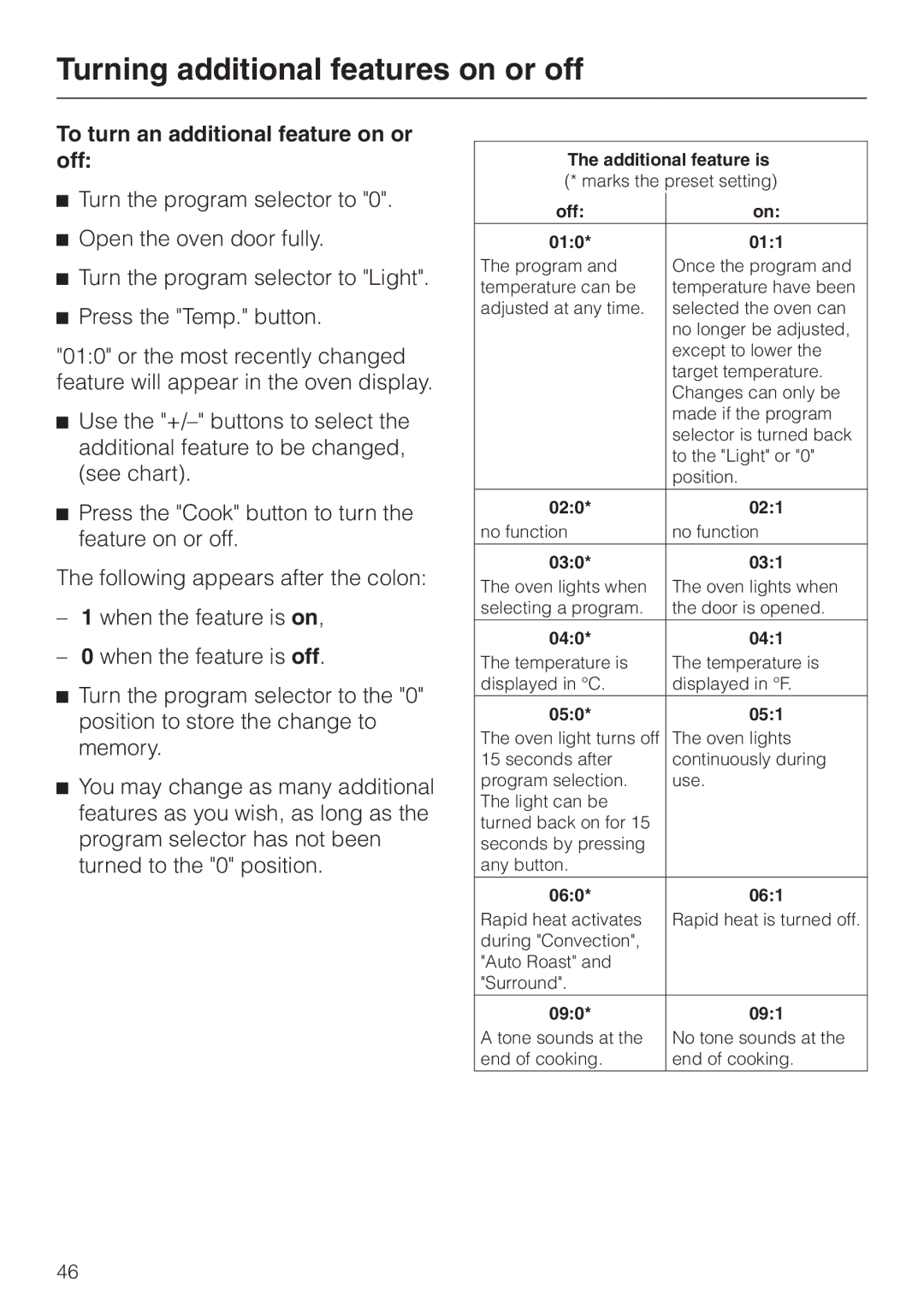 Miele H350-2B operating instructions Turning additional features on or off, To turn an additional feature on or off 