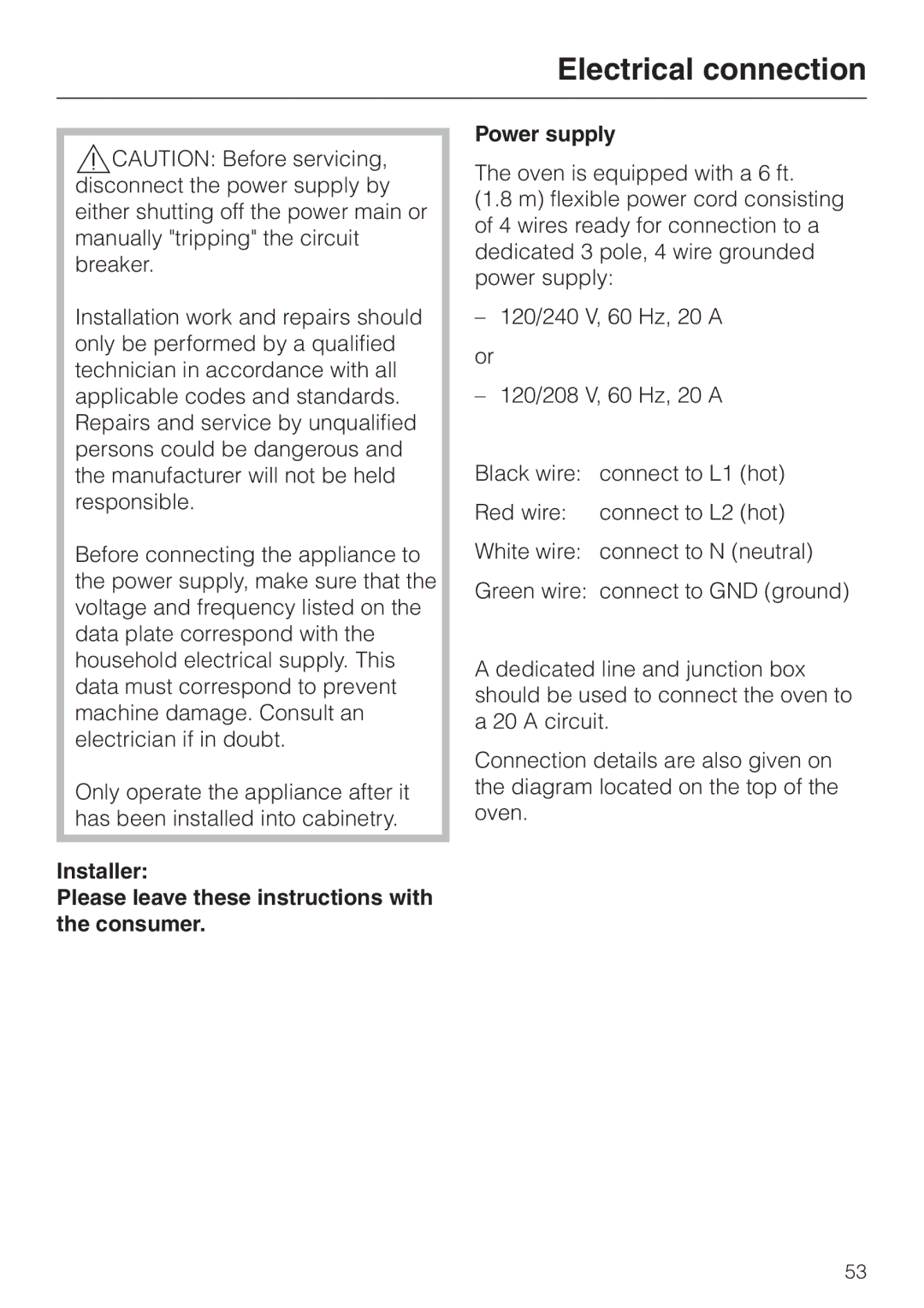 Miele H350-2B operating instructions Electrical connection 