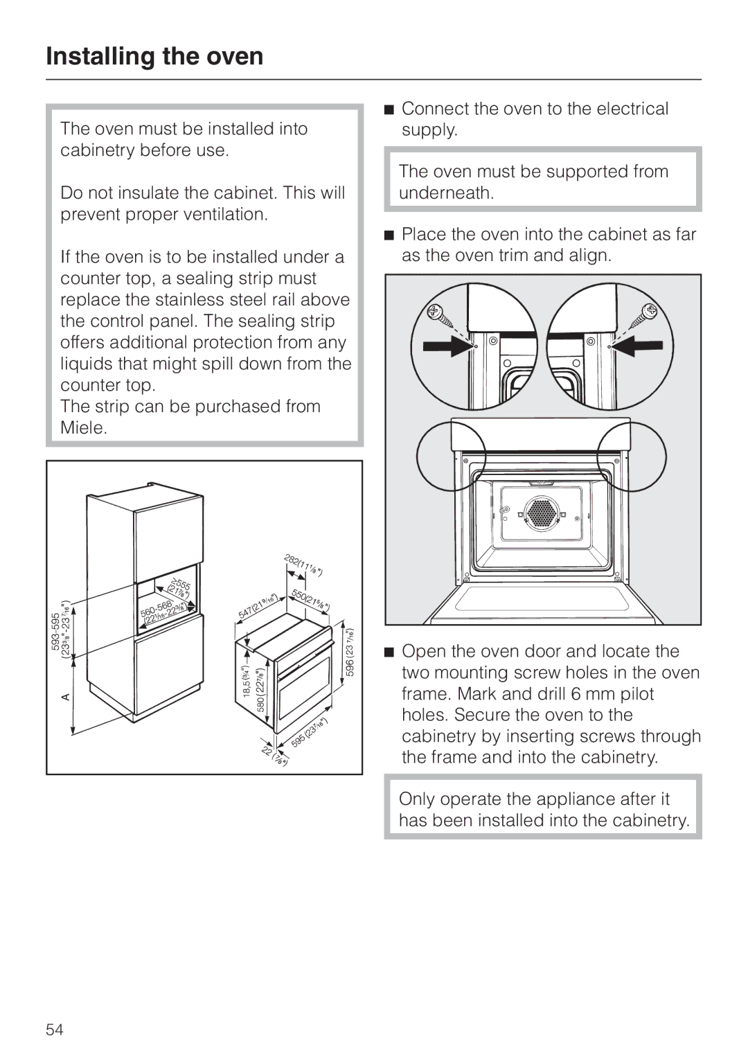 Miele H350-2B operating instructions Installing the oven 