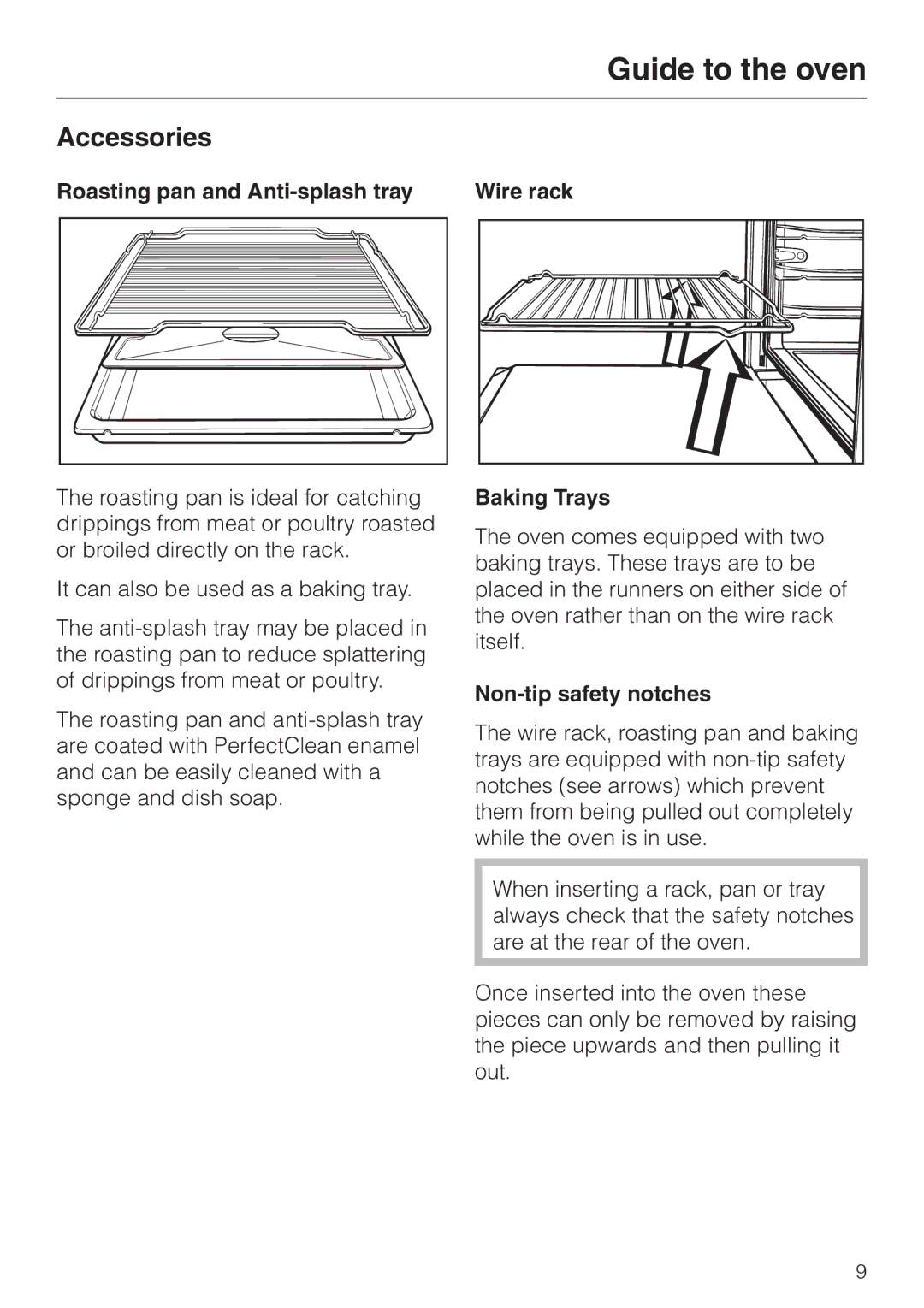 Miele H350-2B Accessories, Roasting pan and Anti-splash tray, Wire rack Baking Trays, Non-tip safety notches 